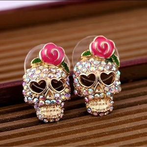 Betsy Johnson Skull Rhinestone Rose Stud Earrings